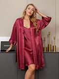 SilkSilky FR Pure Soie Trois quart Nightgown&Robe Set RougeVineux 004