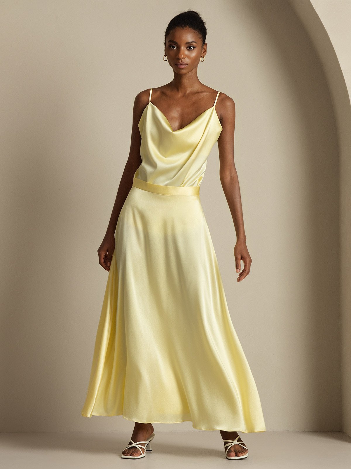 [Jaune Clair] SilkSilky-FR 19Momme Soie Col Chemise Women''s Outfit Sets 001,