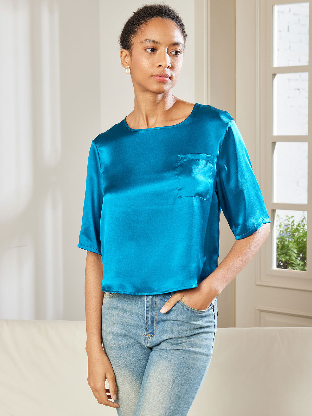 [Bleu Royal] SilkSilky-FR Pure Soie Manches mi-longues Col Bateau Femme T-Shirt 004