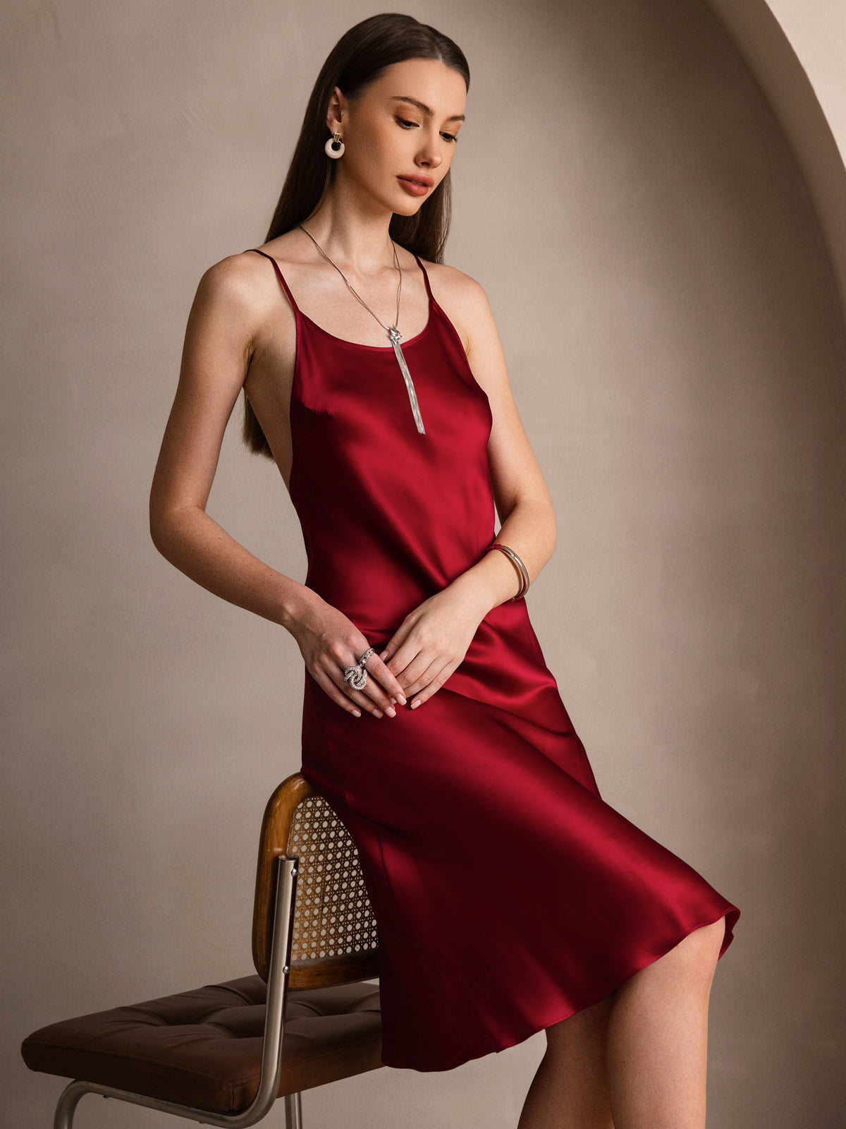[Rouge Vineux] SilkSilky-FR Pure Soie Col Rond Robes 001