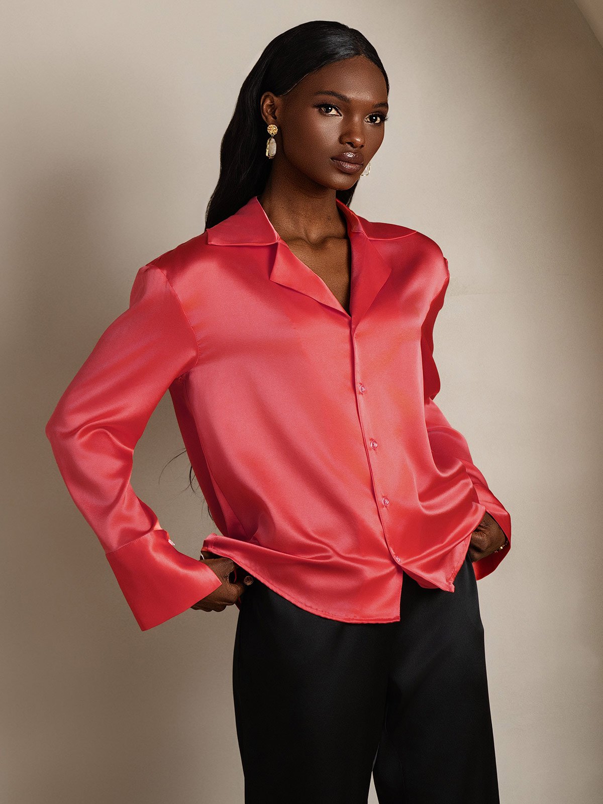 SilkSilky-FR 19Momme Soie Manches longues Revers Femme Chemise RougeImpérial 005