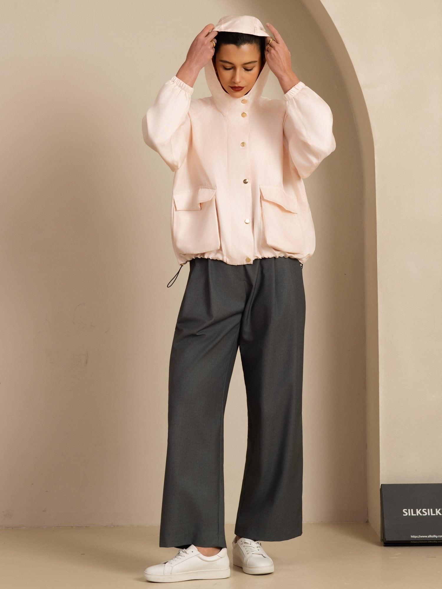 [Rose] SilkSilky-FR Manches longues Col Haut Femme Manteaux 008