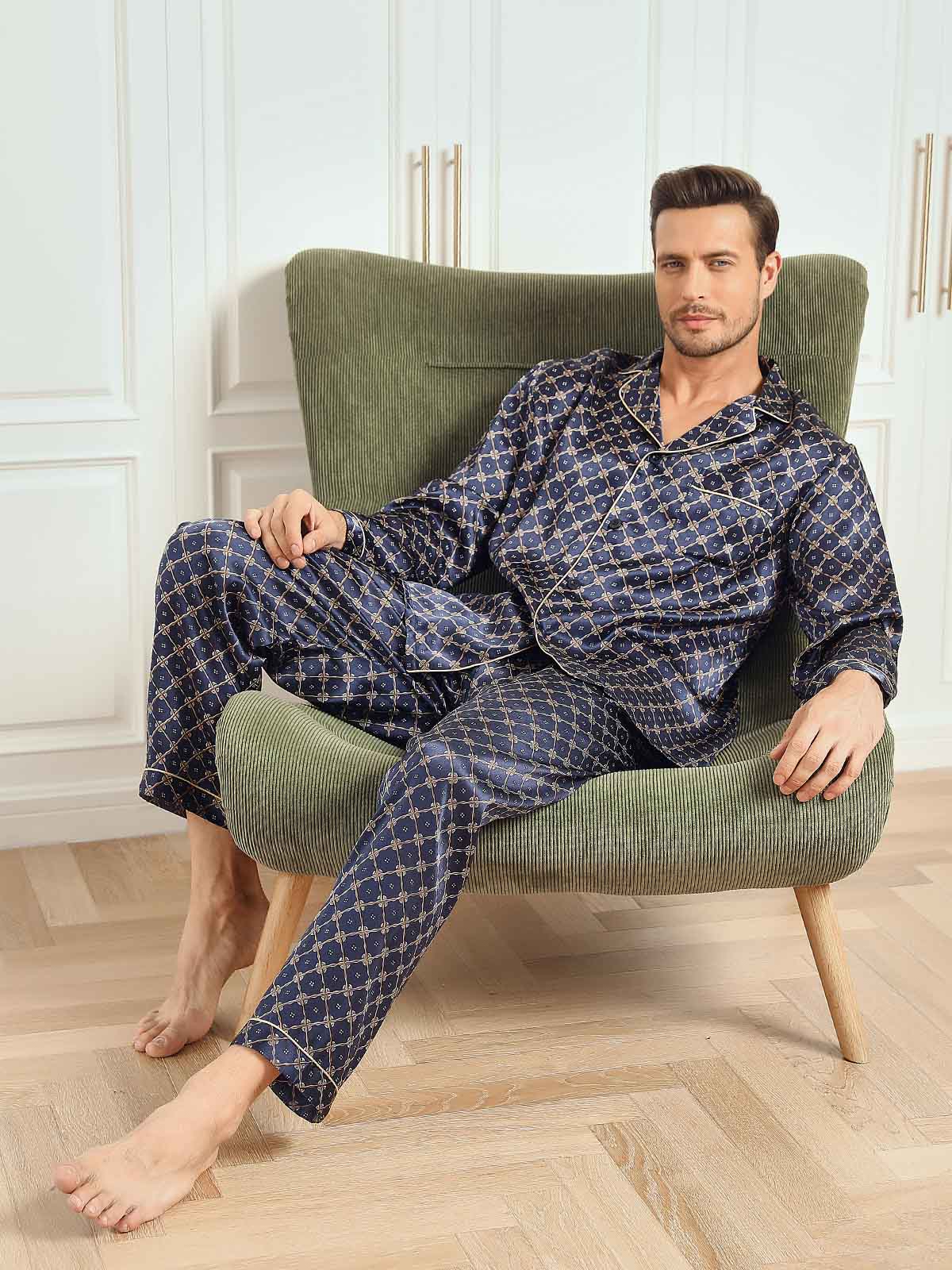 SilkSilky FR 19Momme Pure Soie Manches longues Revers Homme Pyjamas BleuFoncé 001