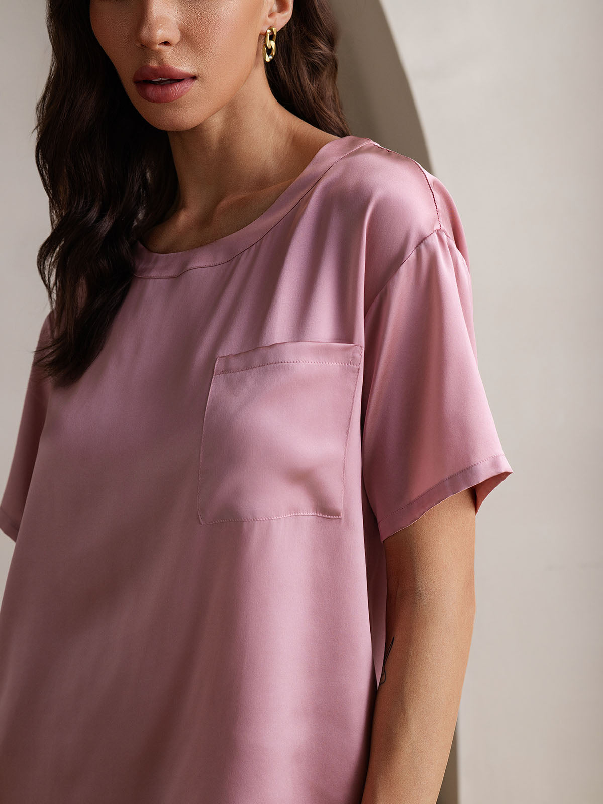 [Mauve Pâle] SilkSilky-FR Pure Soie Col Rond Femme Pyjamas 009