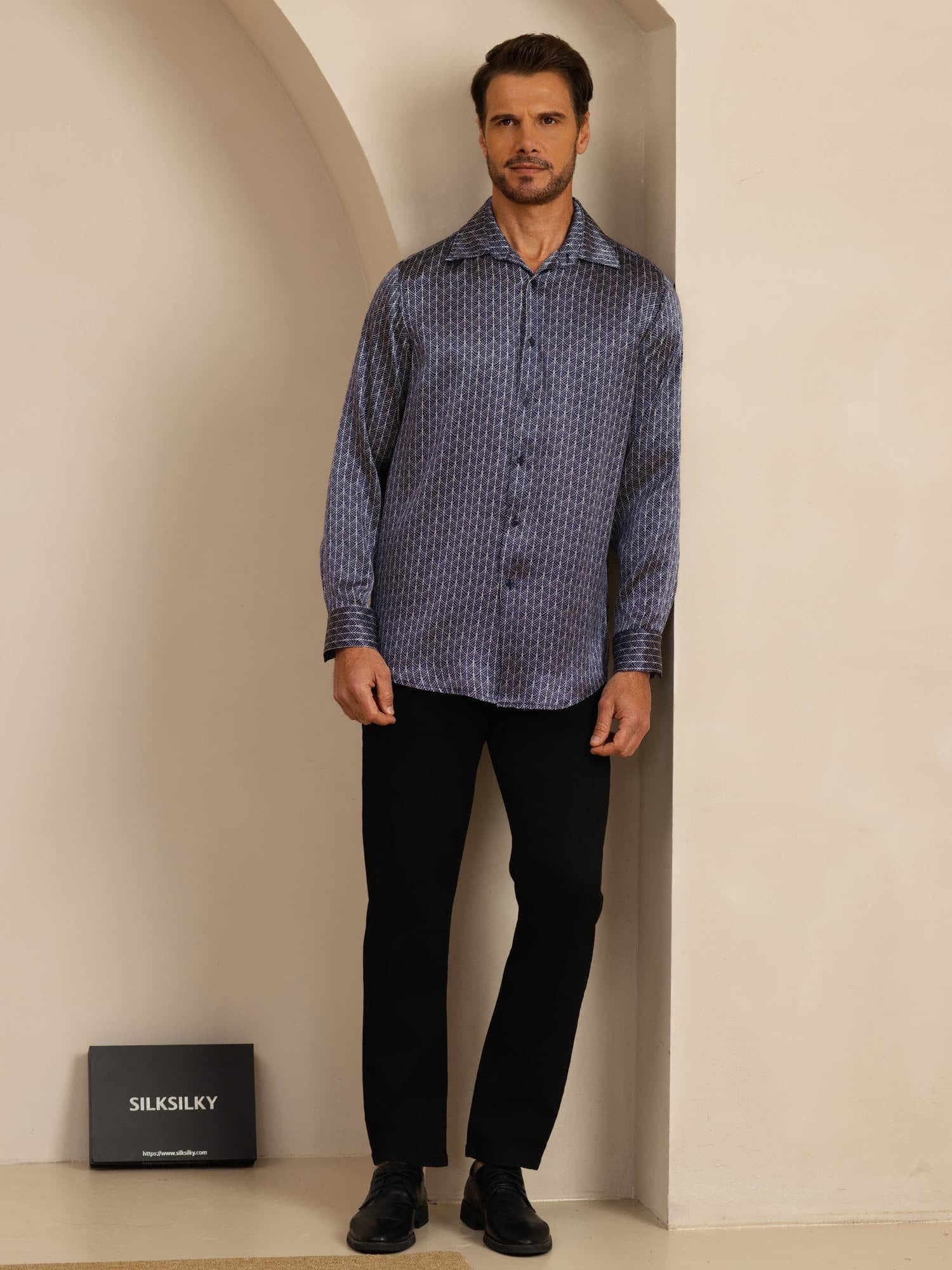[Ginkgo Marine] SilkSilky-FR Manches longues Col à Revers Homme Chemise 006