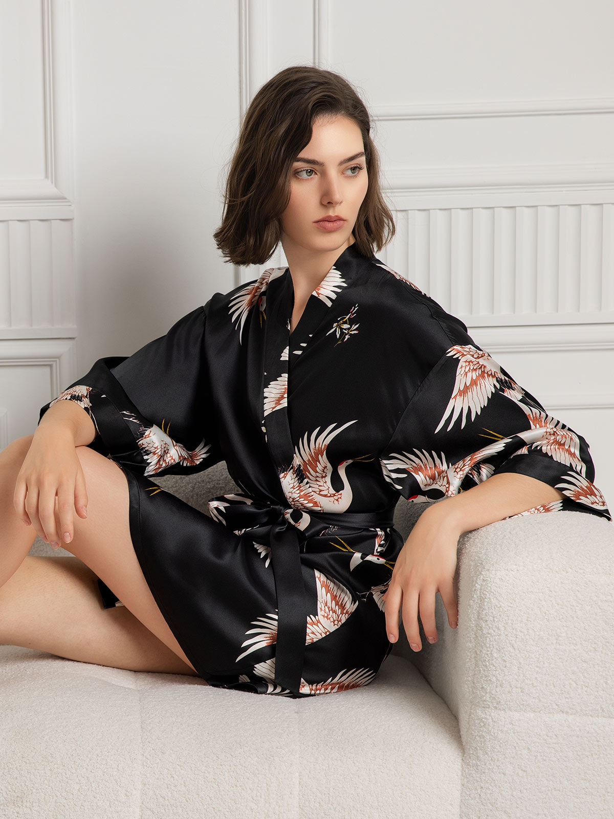 [Noir] SilkSilky-FR Pure Soie Womens Robe 004