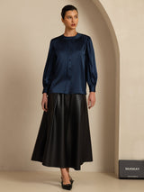 [Bleu Foncé] SilkSilky-FR 19Momme Long Sleeve Round Neck Blouse 008