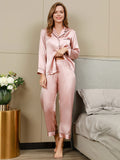 SilkSilky FR Pure Soie Manches longues Revers Femme Pyjamas Rose 001