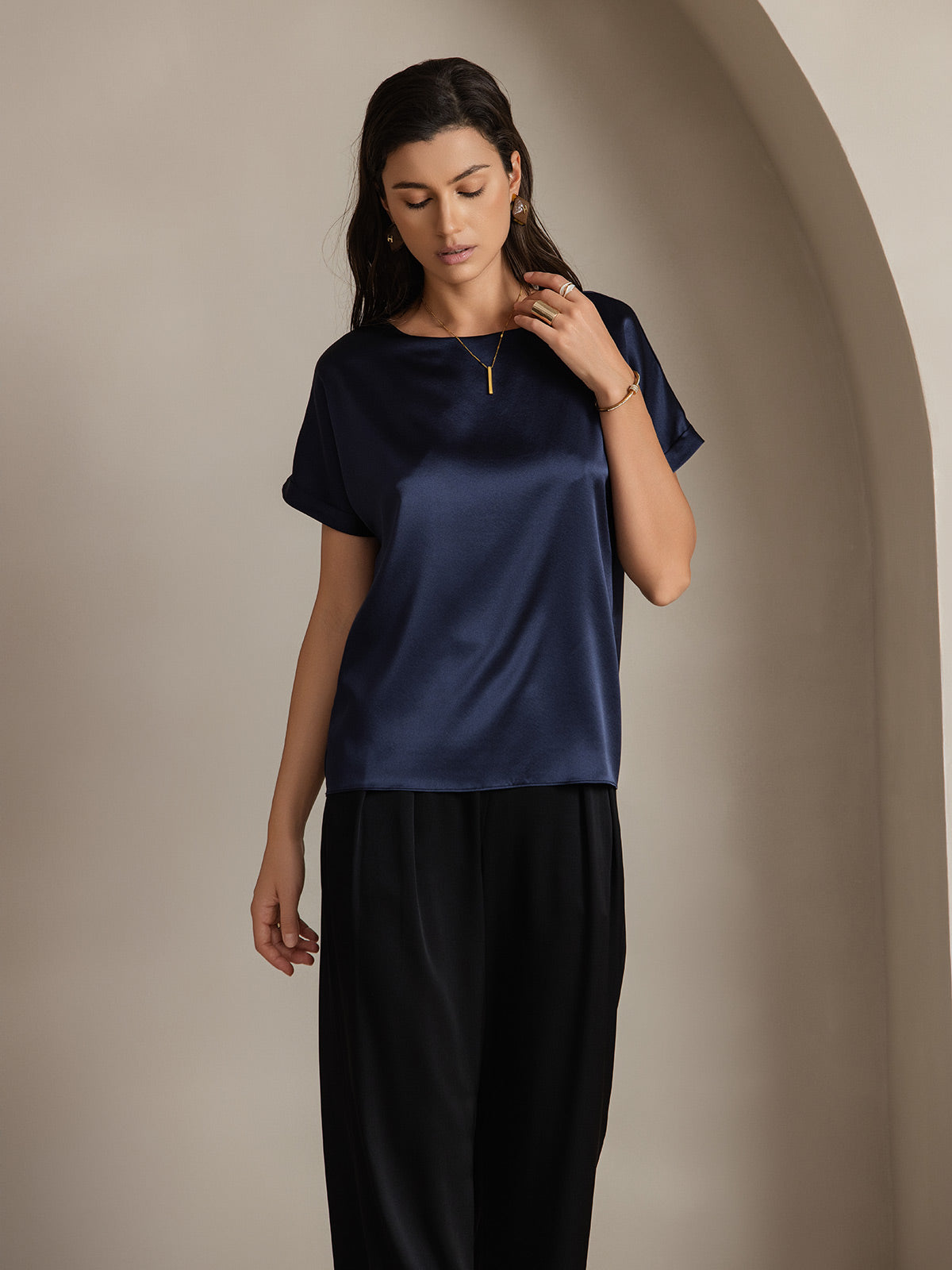 [Bleu Foncé] SilkSilky-FR 19Momme Soie Col Rond Femme T-Shirt 003