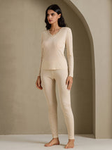 [Beige] SilkSilky-FR Long Sleeve V Neck Sous Vêtements Longs Femme 007