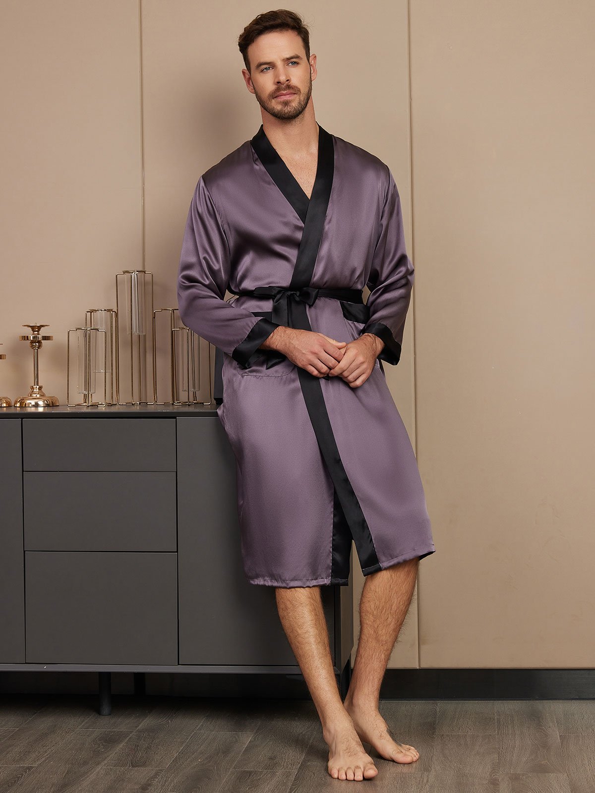 SilkSilky FR Pure Soie Manches longues Mens Robe GrisPourpre 004