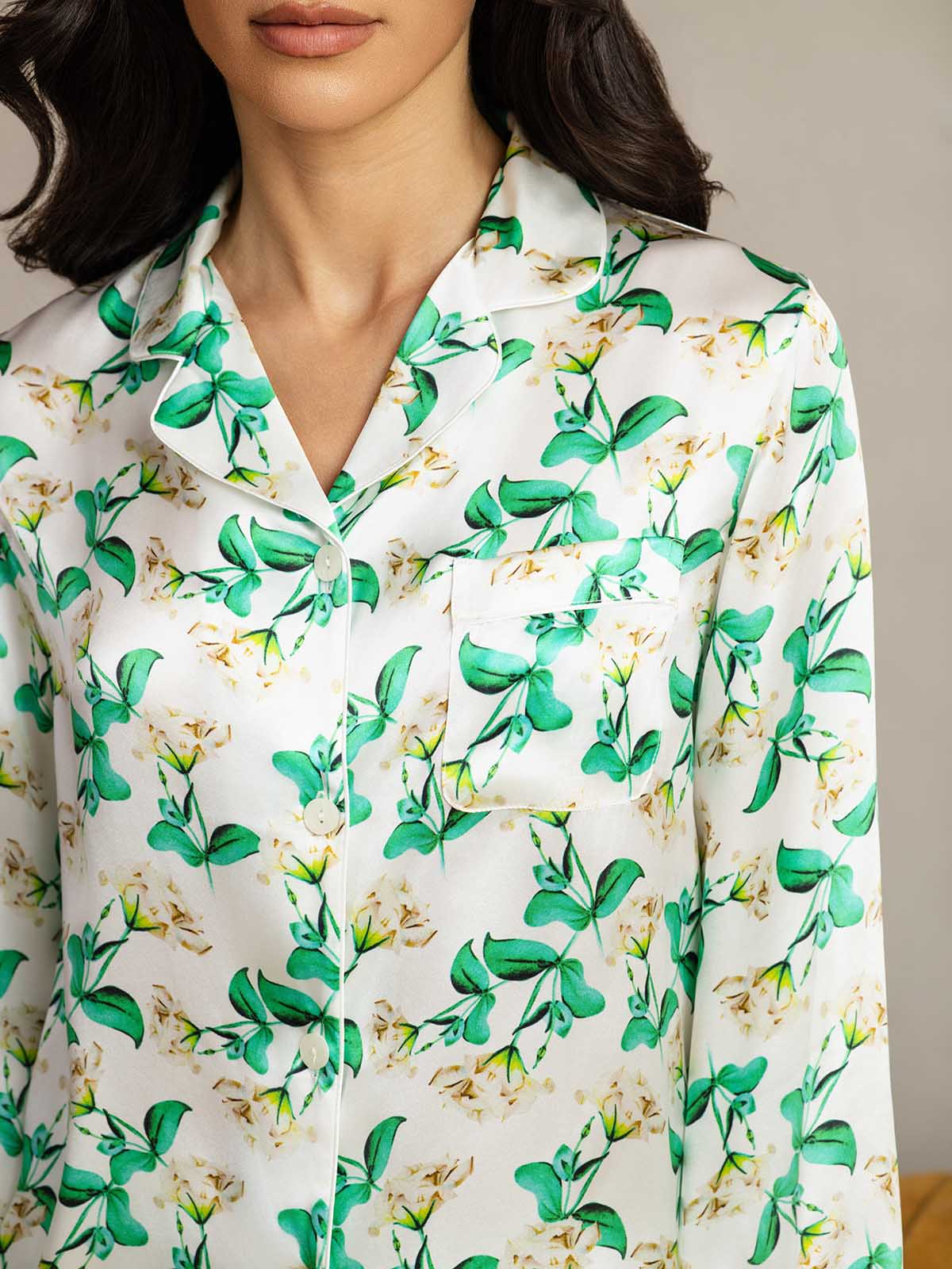 [Floral Vert] SilkSilky-FR Pure Soie Womens Pajamas 007