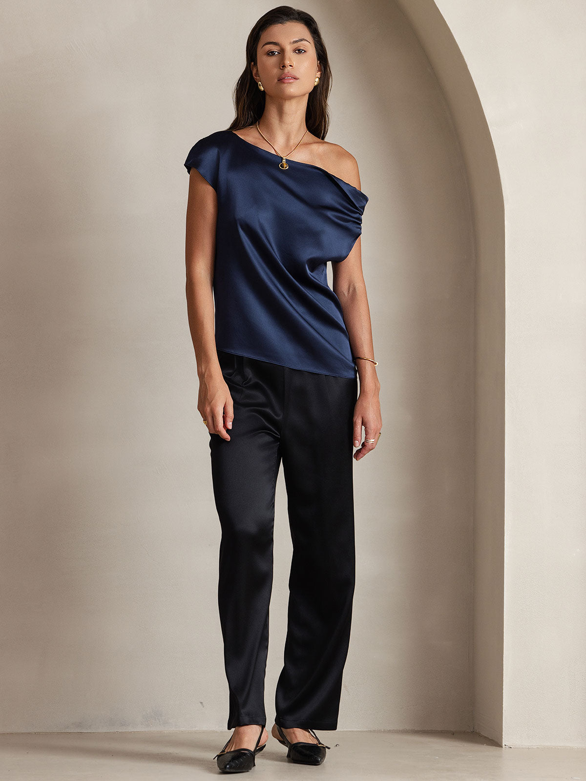 [Bleu Foncé] SilkSilky-FR 19Momme Soie Womens T-Shirt 005