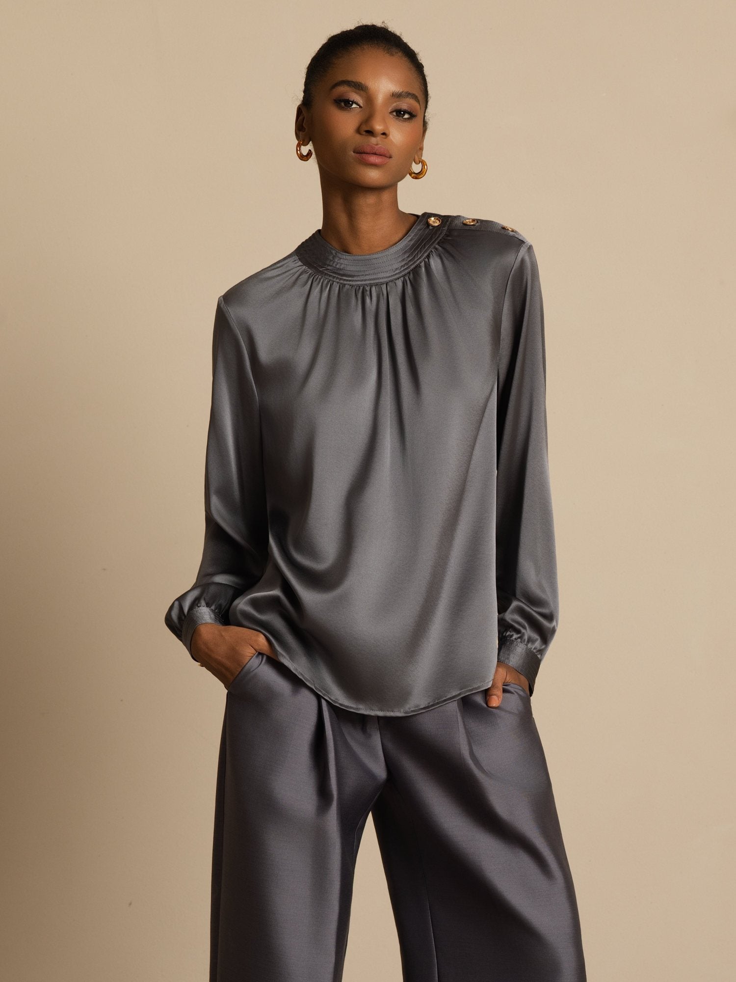 [GrisFoncé] SilkSilky-FR 19Momme Soie Manches longues Col Rond Blouse 004