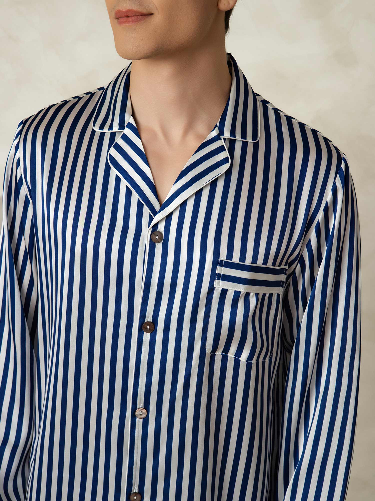 [Rayure Marine] SilkSilky-FR 19Momme Pure Soie Mens Pajamas 006