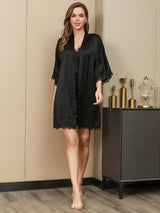 [Noir] SilkSilky-FR Pure Soie Manches mi-longues Nightgown&Robe Set 005