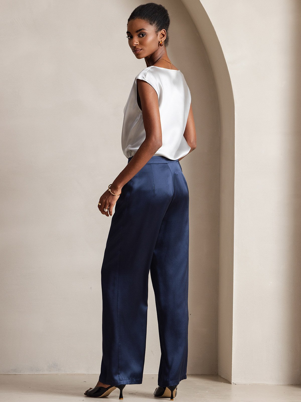 [Bleu Foncé] SilkSilky-FR 19Momme Soie Womens Pants 003