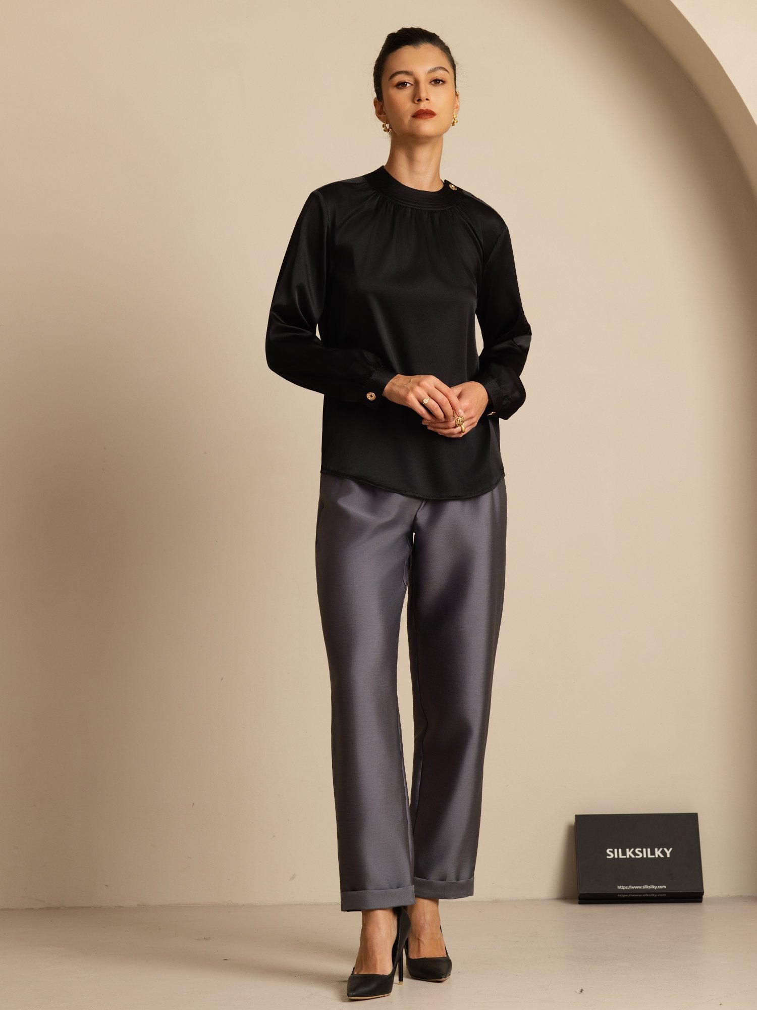 [Noir] SilkSilky-FR 19Momme Soie Manches longues Col Rond Blouse 007