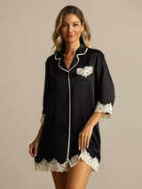 [Noir] SilkSilky-FR Soie Col Chemise Chemise pour dormir 003