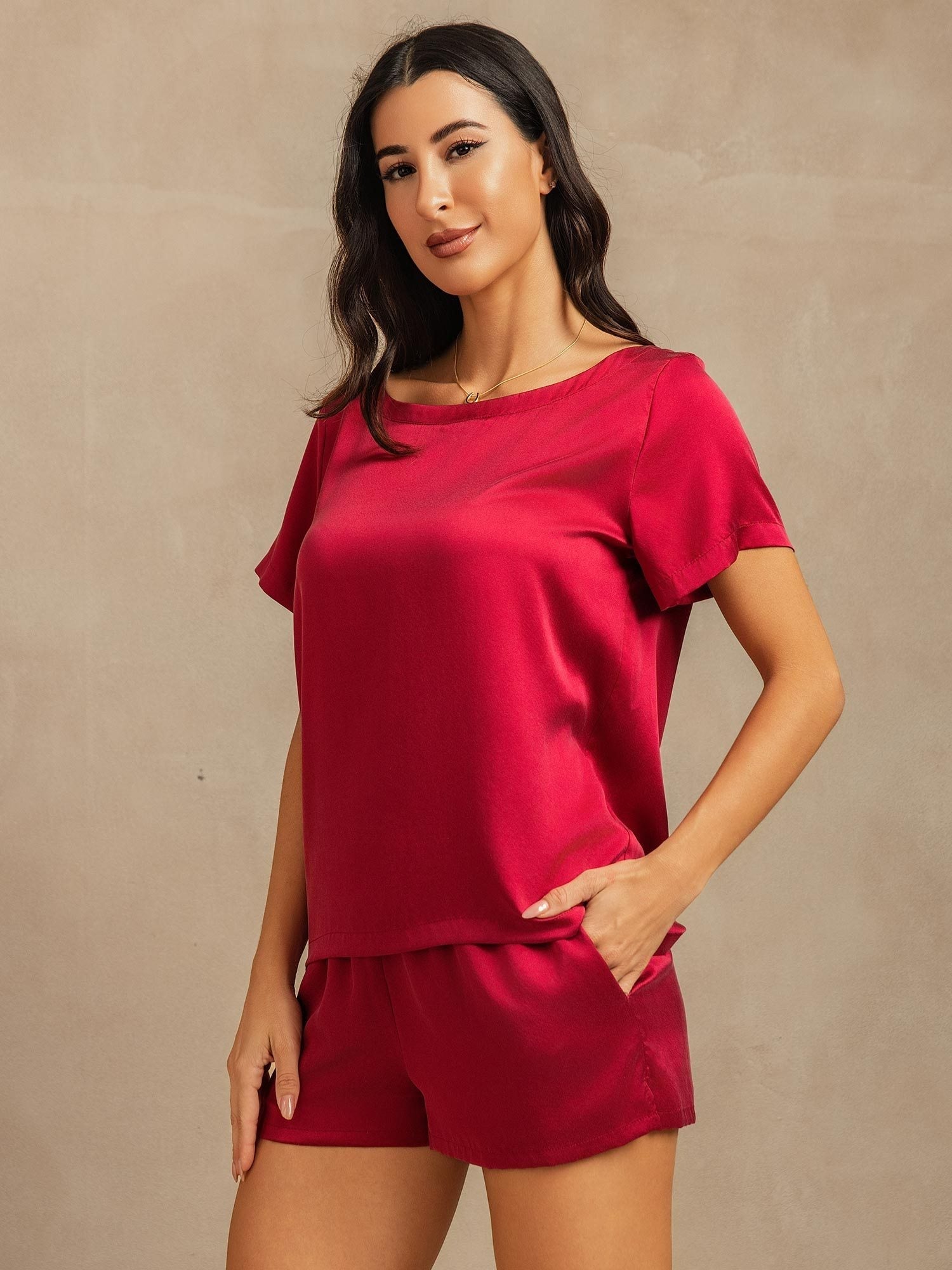 [Rouge Vineux] SilkSilky-FR 19Momme Soie Col Rond Femme Pyjamas 003,