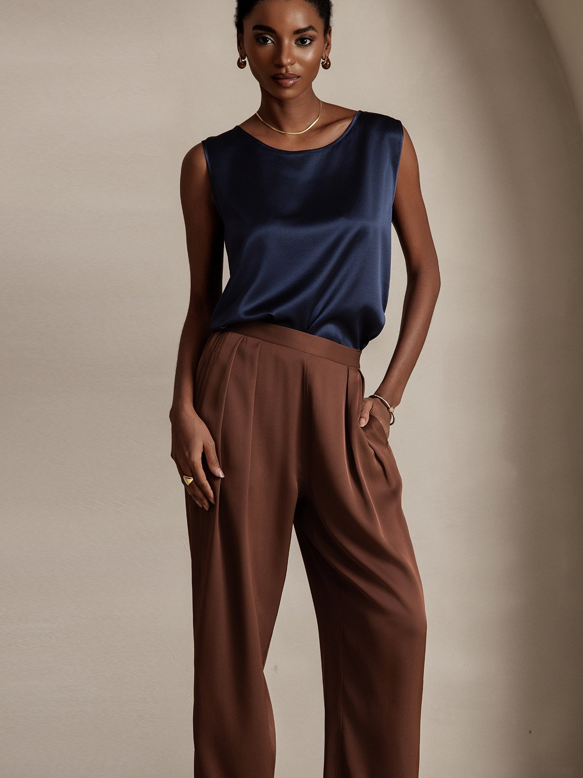 [Bleu Foncé] SilkSilky-FR 19Momme Sans manches Col Rond Top À Fines Brides 003