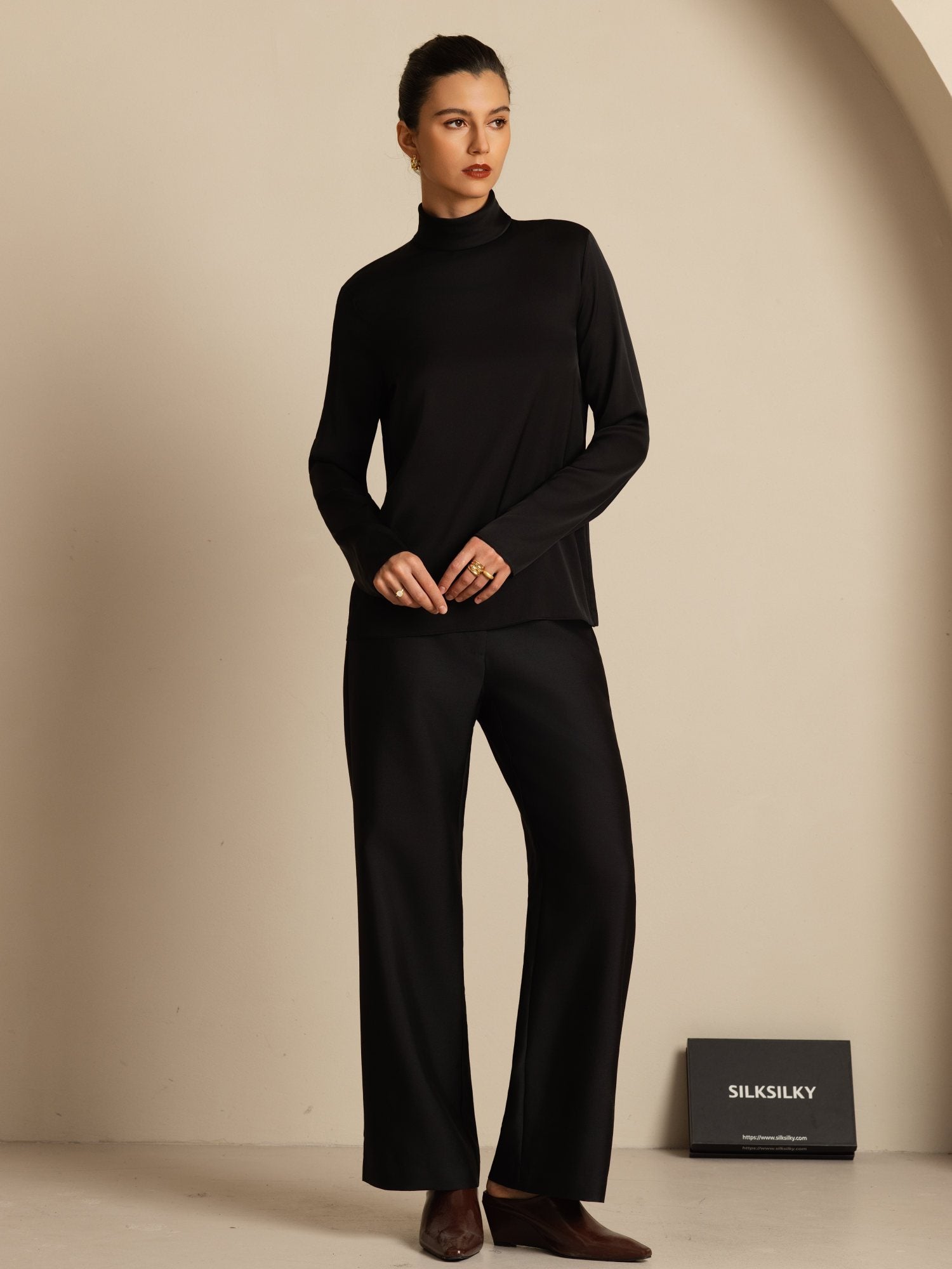 [Noir] SilkSilky-FR 19Momme Soie Manches longues Col Roulé Femme T-Shirt 005