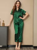 SilkSilky FR Pure Soie Manches courtes Revers Femme Pyjamas Vert 004