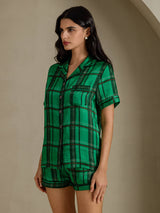 [Carreaux Verts] SilkSilky-FR Short Sleeve Notch Collar Femme Pyjamas 003