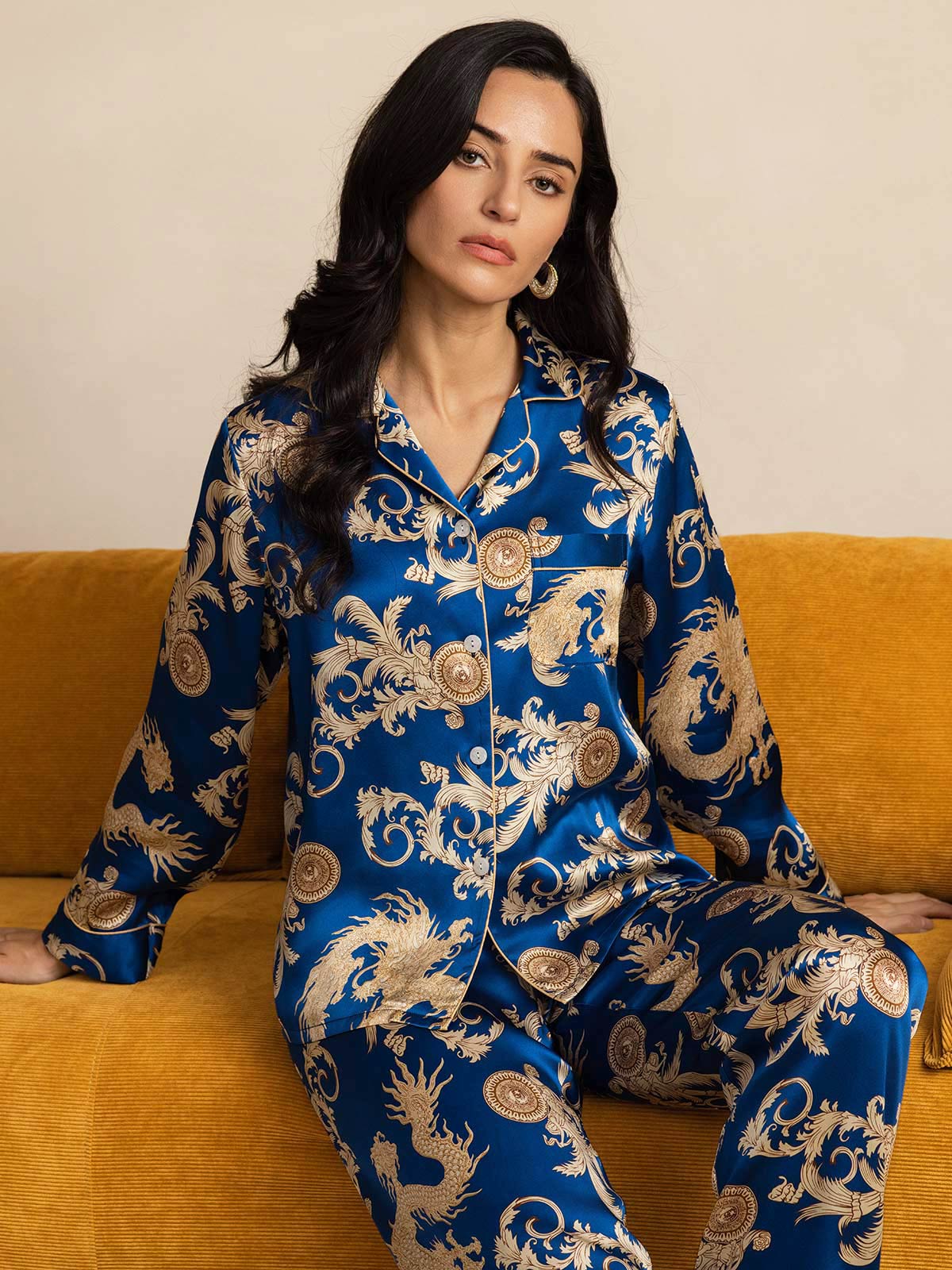 [Dragon Navy] SilkSilky-FR Pure Soie Womens Pajamas 001