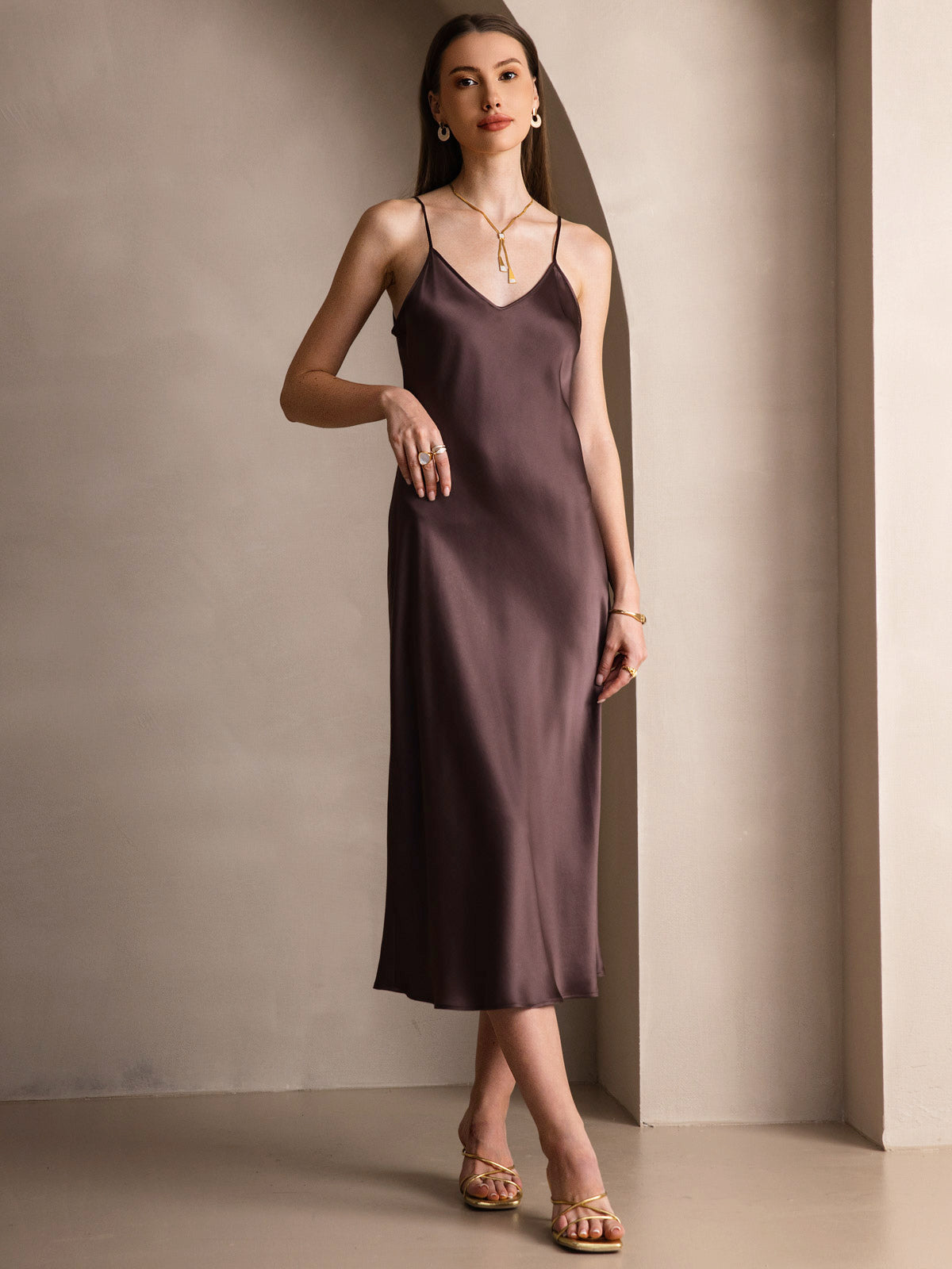 [Café] SilkSilky-FR Pure Soie Col Rond Robes 004