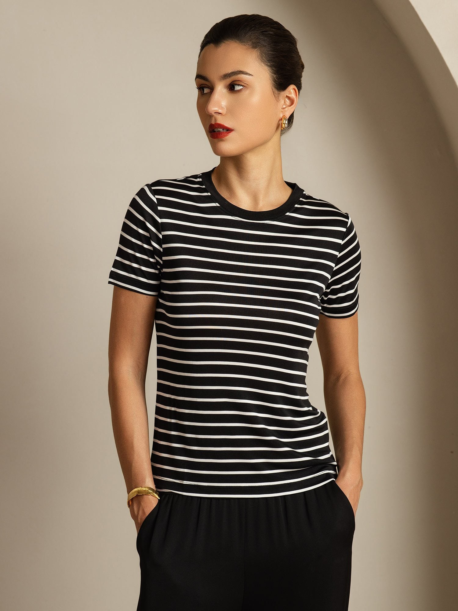 [RayureNoire] SilkSilky-FR Soie Col Rond Femme T-Shirt 001