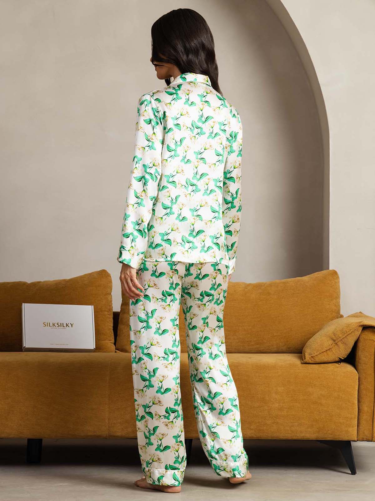 [Floral Vert] SilkSilky-FR Pure Soie Womens Pajamas 002