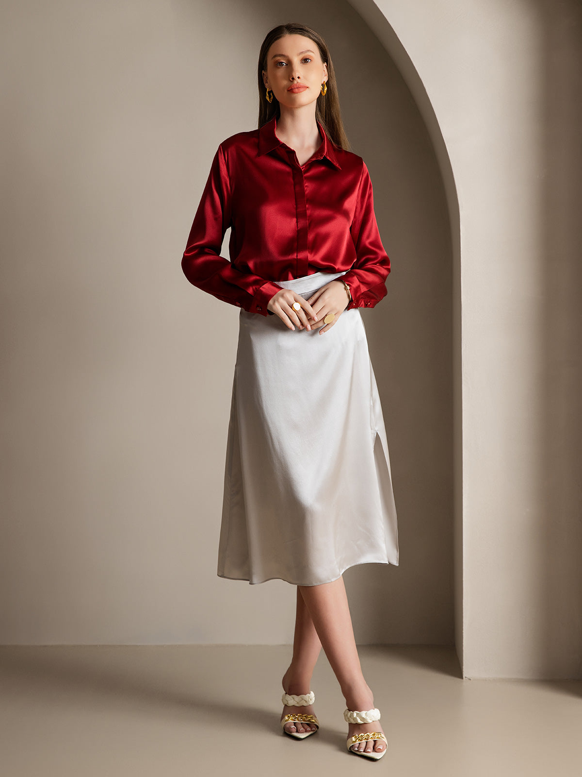 [Rouge Vineux] SilkSilky-FR 19Momme Soie Lapel Collar Femme Chemise 007