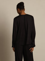 [Noir] SilkSilky-FR Long Sleeve V Neck Blouse 002