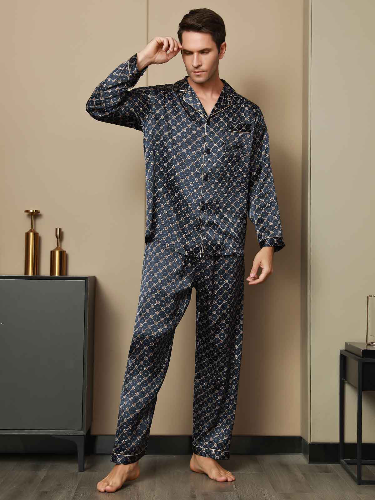 SilkSilky FR Pure Soie Manches longues Revers Homme Pyjamas BleuFoncé 004