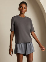 [Gris] SilkSilky-FR Half Sleeve Crew Neck Femme T-Shirt 006