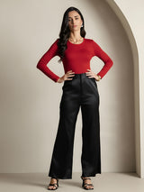 [Rouge Vineux] SilkSilky-FR Manches longues Col Rond Femme T-Shirt 006