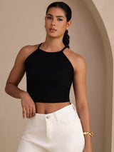 [Noir] SilkSilky-FR Sleeveless Crew Neck Top À Fines Brides 003