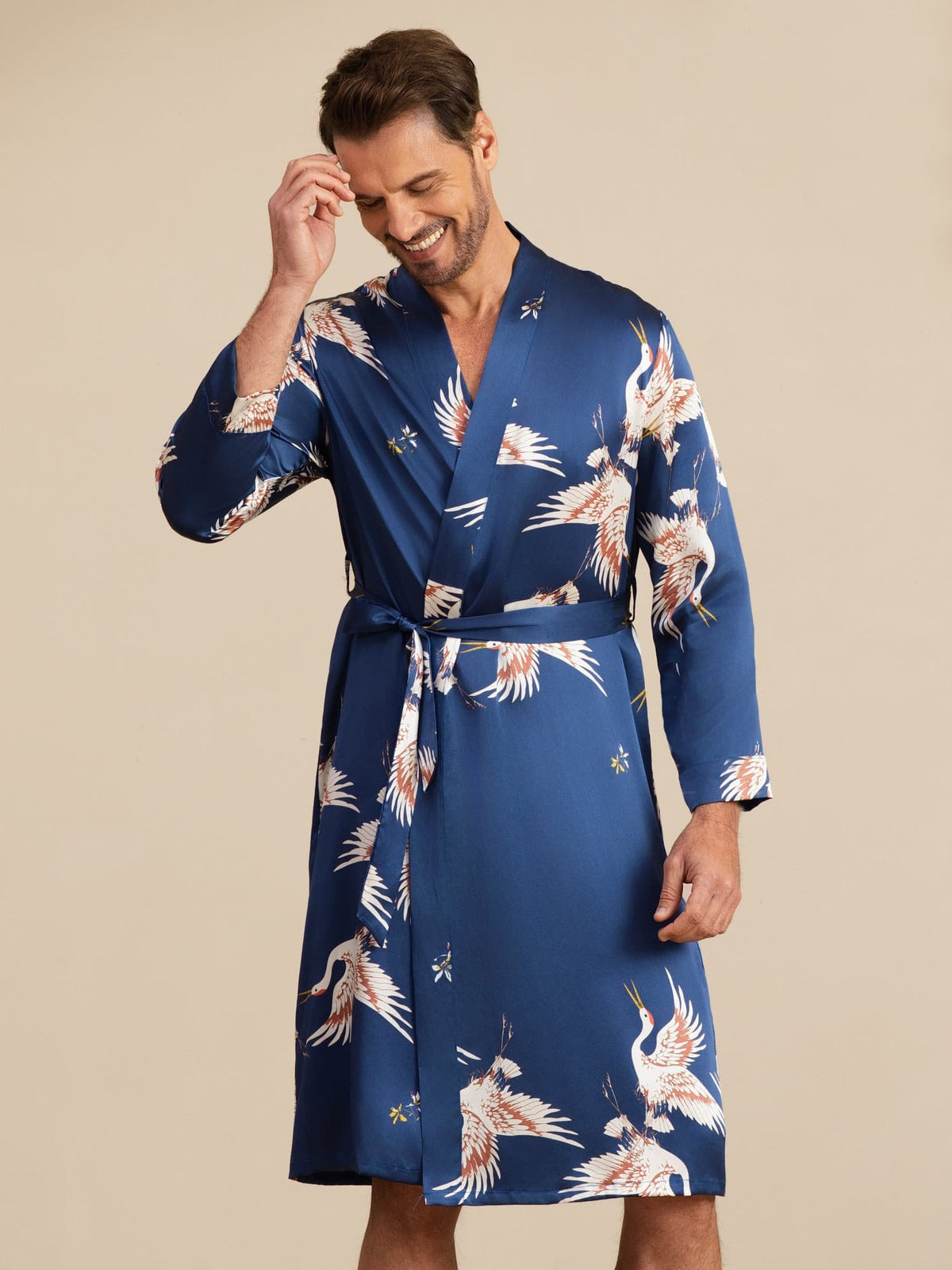 [Bleu Foncé] SilkSilky-FR 19Momme Mens Robe 002