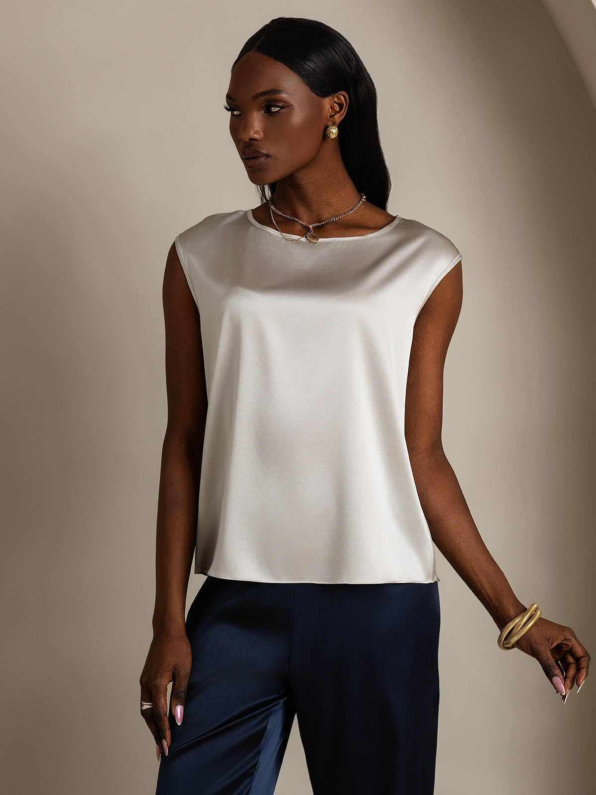 [Gris Clair] SilkSilky-FR 19Momme Soie Col Rond Femme T-Shirt 004