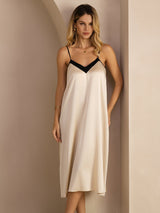 [Beige Riz] SilkSilky-FR Spaghetti Strap V Neck Robes 001