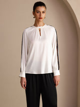 [Blanc] SilkSilky-FR Long Sleeve Keyhole Neck Blouse 001