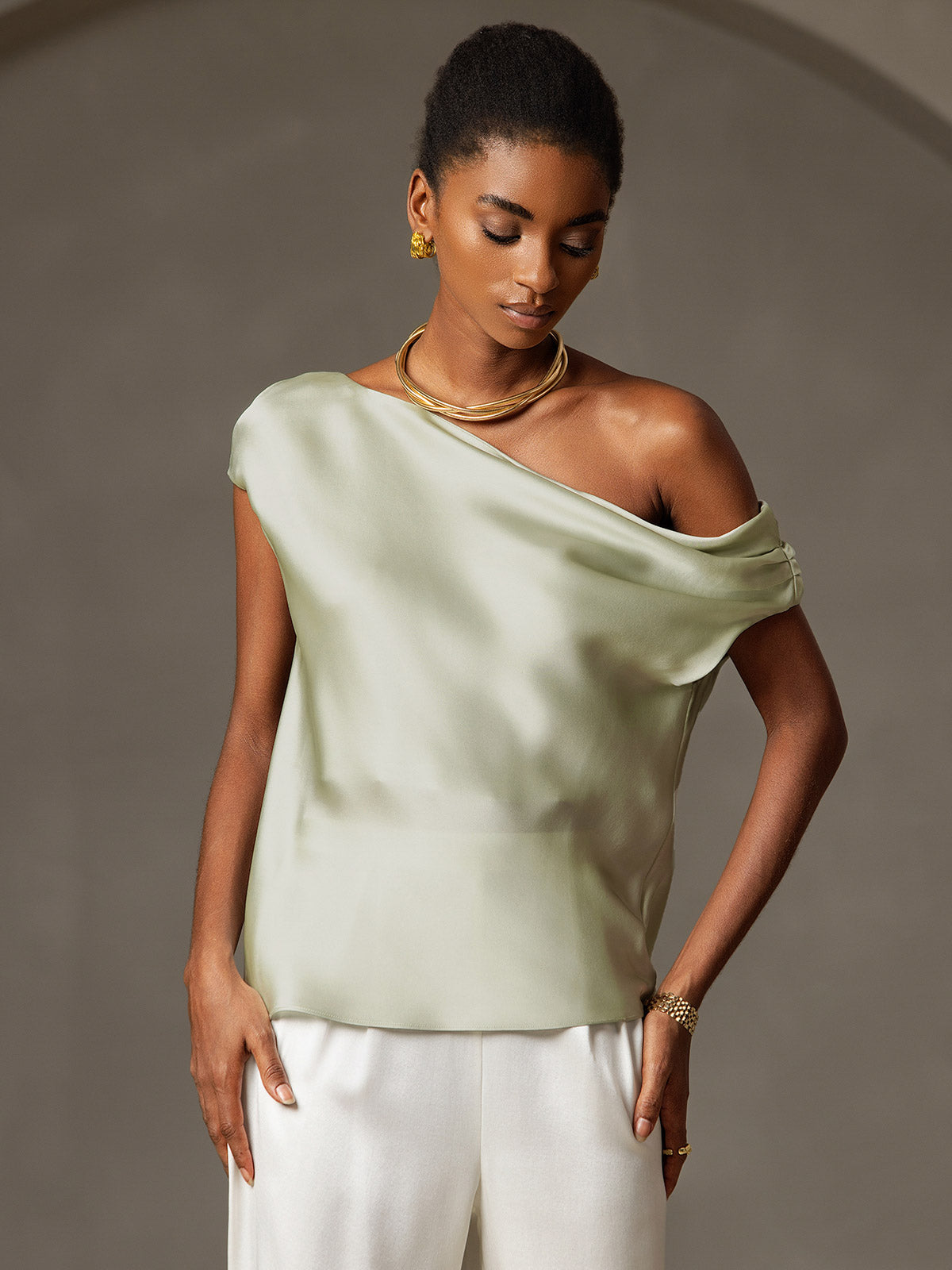 [Vert Clair] SilkSilky-FR 19Momme Soie Womens T-Shirt 003