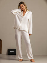 [Blanc] SilkSilky-FR 19Momme Manches longues Col Cranté Femme Pyjamas 007