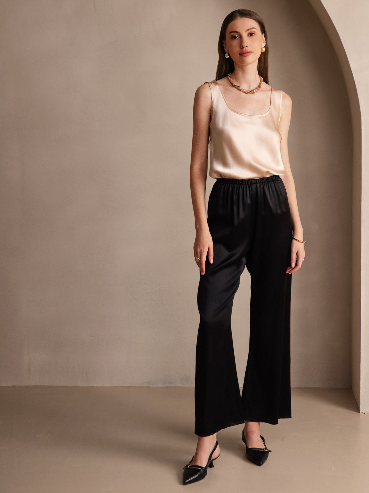 [Champagne] SilkSilky-FR 19Momme Sans manches Encolure Dégagée Top À Fines Brides 008