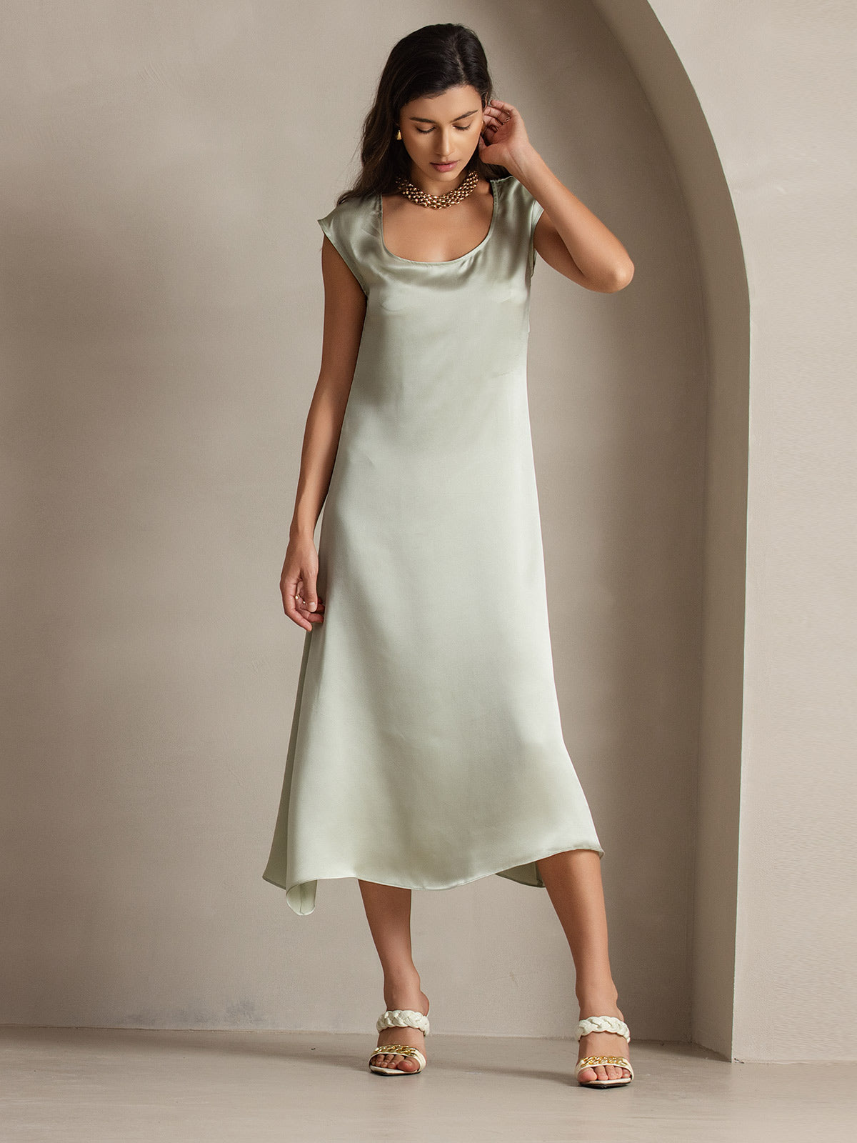[Vert Clair] SilkSilky-FR 19Momme Soie Col Rond Robes 003