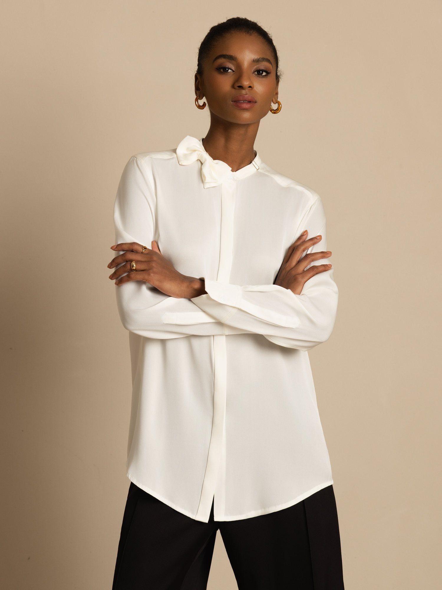 [Blanc] SilkSilky-FR 19Momme Soie Manches longues Col Montant Blouse 003