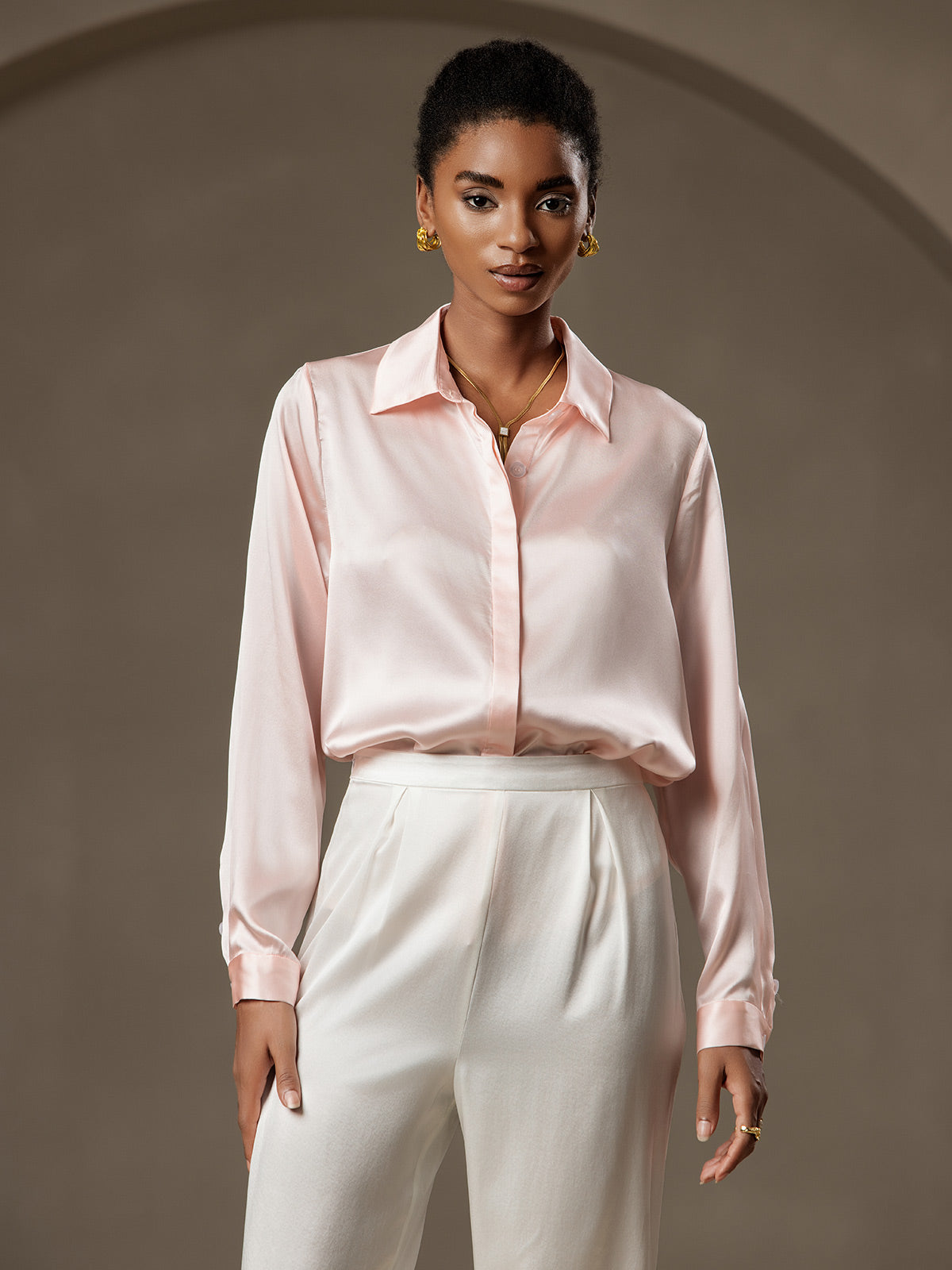 [Rose] SilkSilky-FR 19Momme Soie Lapel Collar Femme Chemise 005