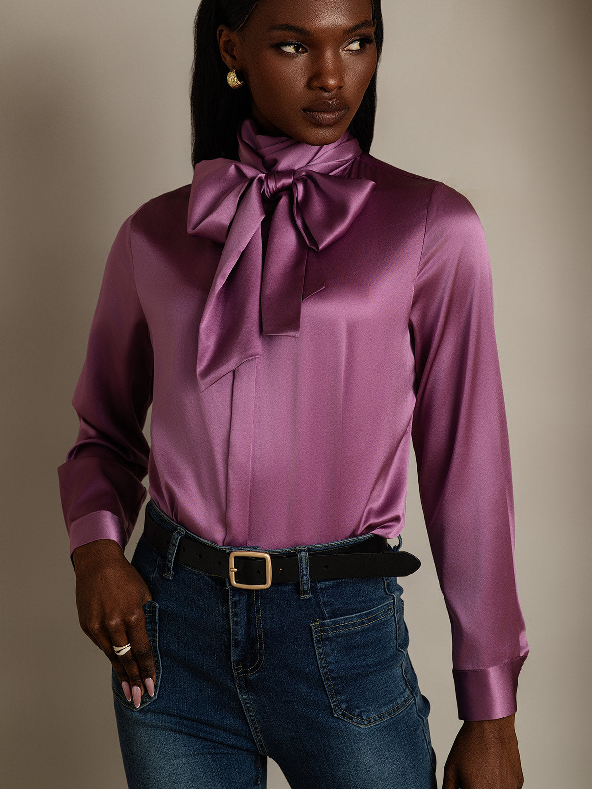 [Violet Foncé] SilkSilky-FR 19Momme Soie Manches longues Blouse 005