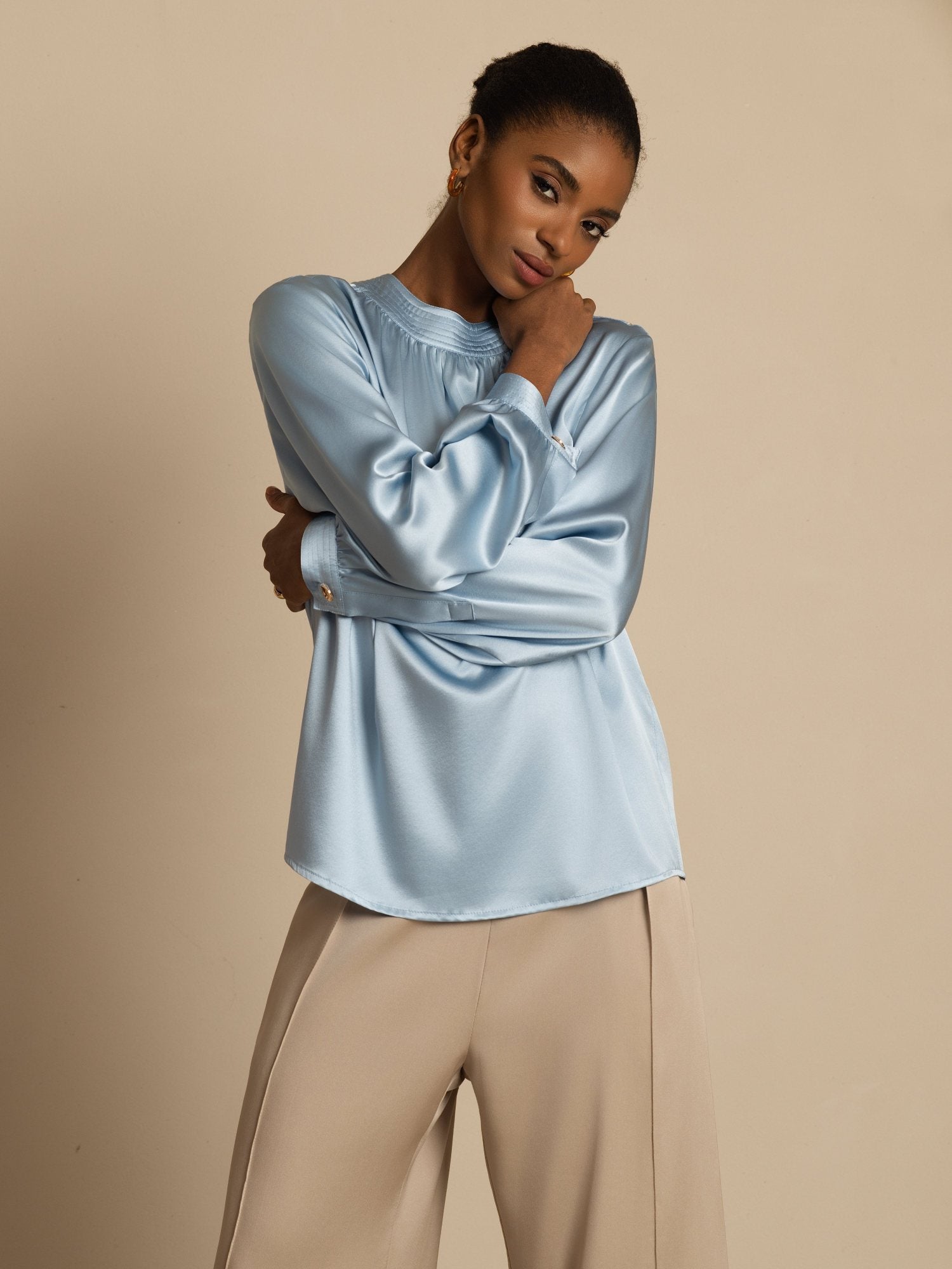 [BleuGrisâtre] SilkSilky-FR 19Momme Soie Manches longues Col Rond Blouse 005